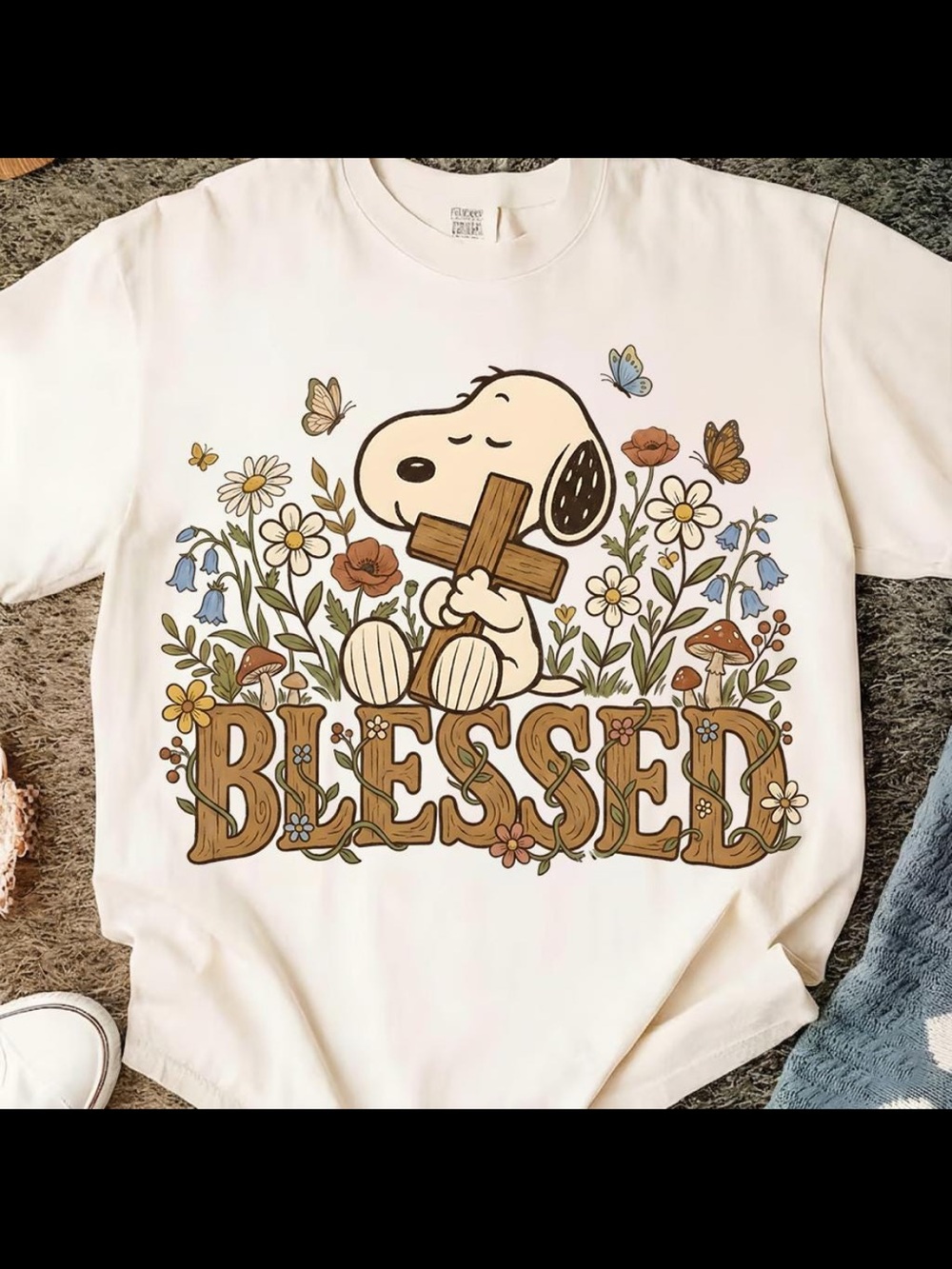 Gildan White Snoopy 'Blessed' Floral Cross Graphic Tee